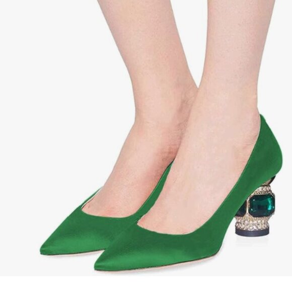 FSJ Green Bridal Pointed Toe Block Low Heel Crystal Pumps Slip on Wedding Shoes - Picture 1 of 8